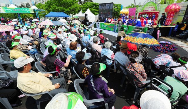 제40회 어버이날인 8일 '2012 아이 러브 카네이션 어버이 축제'가 2만여명의 지역 어르신들이 참가해 인천시 부평구 부평공원에서 열린 가운데 중앙무대에서 금혼식을 겸한 어르신들의 전통 혼례식이 열리고 있다. 장용준기자 jyjun@kyeonggi.com