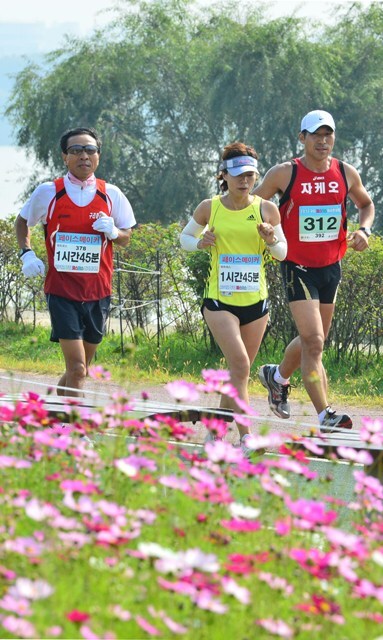 구리시 주최, 경기일보 주관으로 14일 구리한강시민공원에서 열린 '2012 구리 코스모스 마라톤대회'에서 3천여명의 마라토너들이 한강변에 만개한 코스모스와 가을바람을 만끽하며 힘차게 질주하고 있다. 김시범기자 sbkim@kyeonggi.com