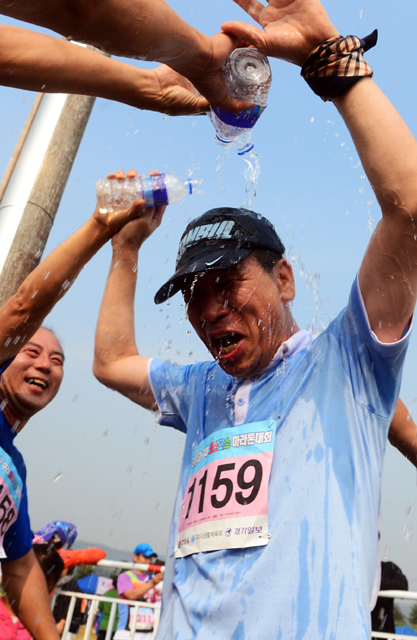 2012 구리 코스모스 마라톤대회가 열린 14일 구리 한강시민공원에서 한 10km 참가자가 동료들로 부터 완주 축하 물세례를 받고 있다. 추상철기자 scchoo@kyeonggi.com