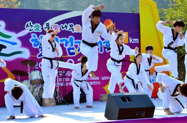 20일 남양주 봉선사 일대에서 열린 '2012 광릉 숲 힐링 걷기대회'에서 남양주태권도예술단이 멋진 공연을 펼치고 있다. 김시범기자 sbkim@kyeonggi.com