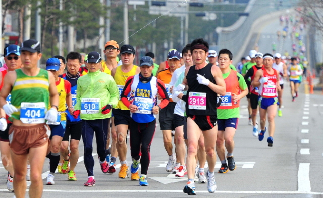 14일 제11회 경기마라톤에 참가한 선수들이 일원삼거리 지점에서 1차 반환지점을 향해 힘찬 발걸음을 디딛고 있다. 특별취재반