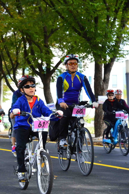 19일 경기도와 연천군, 경기관광공사, 경기일보 주최로 열린 정전60주년 'DMZ 연천 평화누리길 자전거대행진'에 참가한 자전거 동호인들이 단풍이 살짝 내려앉은 연천종합운동장 앞 가로수 터널을 통과하고 있다. 김시범기자 sbkim@kyeonggi.com