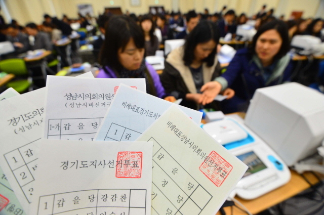 17일 오후 수원 경기도선거관리위원회에서 6.4지방선거 사전투표 요원들이 사전투표 운용장비 설치 및 운용실습을 갖고 있다. 전국단위 선거로는 처음 실시되는 6.4지방선거 사전투표는 5월 30일부터 이틀간 전국 3500여개 사전투표소 중 편리한 곳에서 할 수 있다.  김시범기자 sbkim@kyeonggi.com