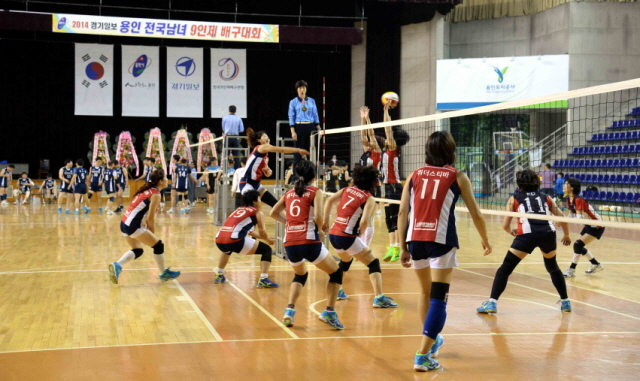 12일 용인 실내체육관에서 열린 2014 경기일보 용인 전국남여 9인제 배구대회에서 여자 클럽2부 의왕 까치팀과 서울 위더스티바팀이 결승경기를 하고 있다.전형민기자