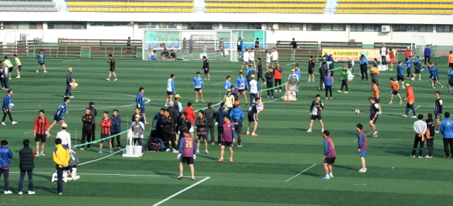 2일 김포시 사우동 김포공설운동장에서 열린 2014 김포시장배 족구대회 참가자들이 각 코트에서 치열한 예선경기를 치르고 있다. 장용준기자