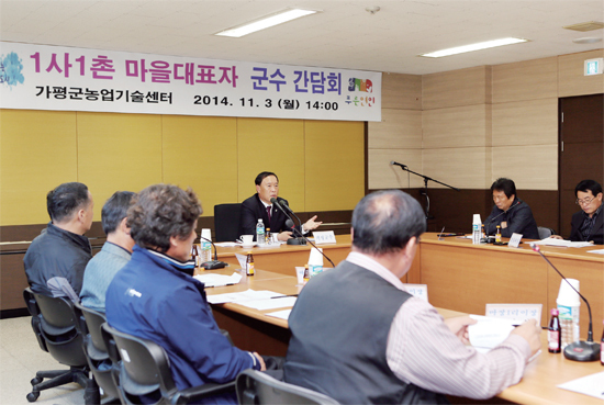 ▲ 가평군은 지난 11월 4일 농업기술센터 세미나실에서  김성기 군수를 비롯 마을대표자 등이 참석한 가운데 ‘1사1촌 자매결연마을 대표자 간담회’를 가졌다