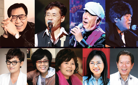 ▲ 오는 12월 12일 경기일보 주최로 수원실내체육관에서 ‘대한민국 포크 50년을 말하다’ 콘서트가 열린다.(윗줄 왼쪽부터 시계방향으로) 가수 조영남, 윤형주, 김도향, 유익종, 추가열, 남궁옥분, 장은아, 신형원, 그리고 MC배한성