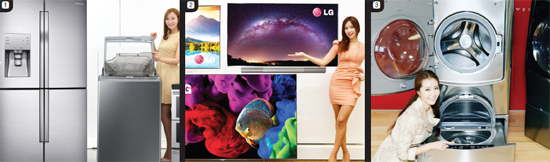 ▲ 1.삼성전자 세미빌트인 냉장고 액티브워시 세탁기 2.LG전자 올레드 TV 3.LG전자‘트윈 세탁 시스템’ 세탁기떮건조기
