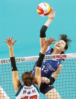 ▲ 6일 화성종합체육관에서 열린 NH농협 2014-2015 프로배구 V리그 여자부 IBK기업은행과 GS칼텍스의 경기에서기업은행 채선아(오른쪽)가 GS칼텍스한송이의 블로킹을 앞에 두고 스파이크를 날리고 있다. 연합뉴스