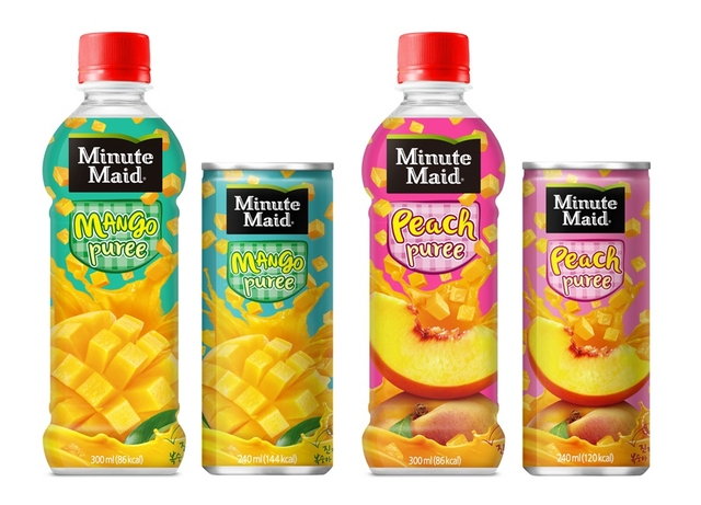▲ 미닛메이드 망고 퓨레, 복숭아 퓨레 팩샷(300ml 페트, 250ml 캔)