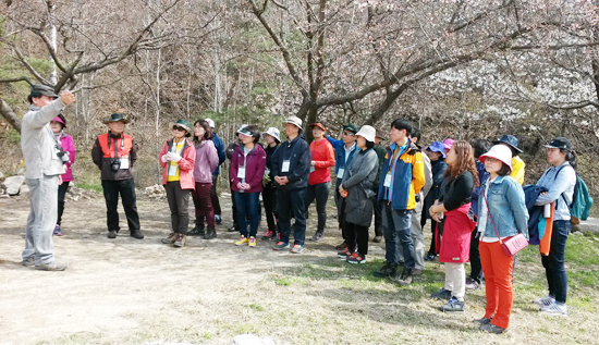 ▲ 지난 18일 꿈꾸는 숲 숲감성아카데미(숲해설가 전문교육과정)에 참여한 40여명의 교육생이 지평 자연림에서 현장체험 교육을 받고 있다.