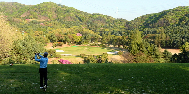 경기일보가 주최한 2015 경제인 자선골프대회가 열린 27일 용인 골드CC에서 참가자가 봄꽃이 활짝핀 그린위을 배경으로 드라이버 샷을 날리고 있다. 추상철기자