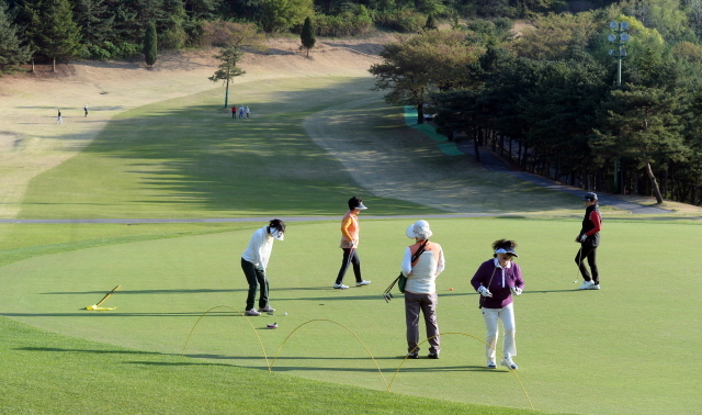 경기일보가 주최한 2015 경제인 자선골프대회가 열린 27일 용인 골드CC에서 참가자들이 푸른 그린위를 다니며 퍼팅을 하고 있다. 추상철기자