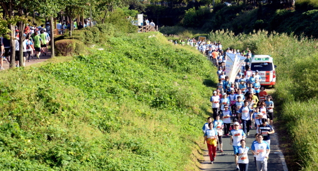 13일 과천 관문체육공원 운동장에서 열린 ‘2015 과천 마라톤 대회’에 참가한 마라토너들이 양재천 산책길을 힘차게 달리고 있다.전형민기자