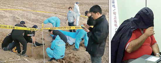 ▲ 지난 2일 오후 여주시 능서면에서 50대 농장주가 암매장 된 채 발견된 가운데 경찰이 감식을 하고 있다. 사진 오른쪽은 외국인 용의자들을 도운 혐으로 긴급체포된 우즈베키스타인. 여주경찰서 제공