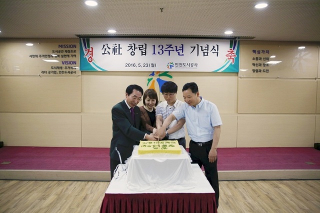 ▲ 김우식 시장(사진 왼쪽)이 직원 대표들과 함께 기념 케익을 자르고 있다.