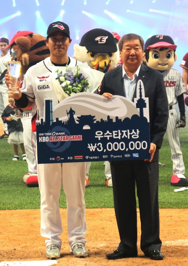 ▲ 16일 서울 고척스카이돔에서 열린 '2016 타이어뱅크 KBO 올스타전'에서 kt 박경수가 우수타자상을 수상한 뒤 포즈를 취하고 있다. 연합뉴스