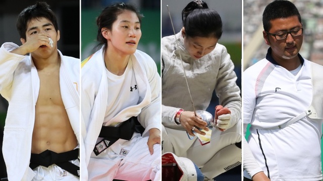 ▲ 한국은 9일 2016 리우올림픽 개막 후 사흘째 경기에서 메달을 하나도 따내지 못하고 빈손으로 돌아섰다. 이날 금메달을 기대했던 유도 남자 73㎏급 안창림(왼쪽부터), 여자 57㎏급 김잔디, 펜싱 여자 사브르 개인전 김지연, 양궁 남자 개인전 김우진이 모두 초반 탈락했다.연합뉴스