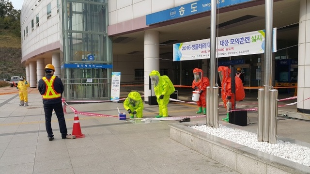 ▲ 인천시 연수구보건소는 지난 2일 수인선 송도역에서 연수경찰서, 공단소방서, 한국철도공사 송도관리역 등 초동 대응기관과 함께 ‘2016년 생물테러 대비·대응 모의훈련’을 실시했다. 연수구 제공