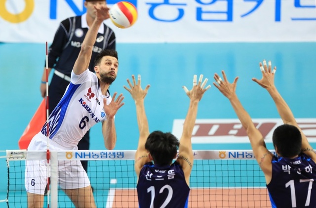 ▲ 2라운드 경기를 마친 프로배구 NH농협 2016-2017 V리그 남자부의 선두권 다툼이 혼전 양상을 보이고 있다. 사진은 지난달 24일 서울 장충체육관에서 열린 남자부 2라운드 서울 우리카드와 인천 대한항공의 경기에서 대한항공 가스파리니가 강스파이크를 터뜨리고 있다.연합뉴스