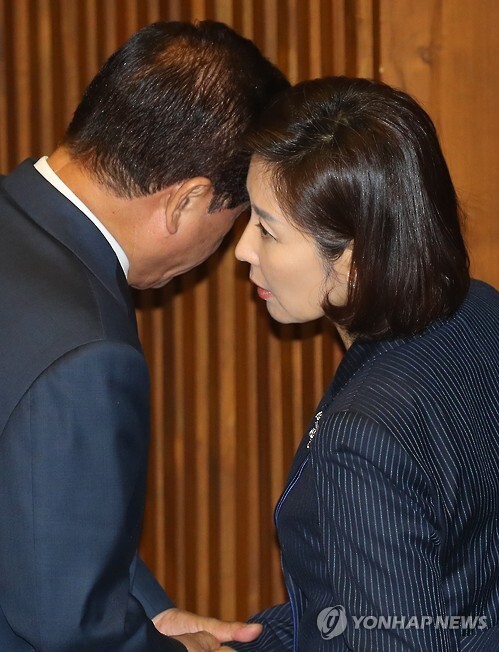 ▲ 29일 오후 국회에서 열린 본회의에서 배덕광 의원과 대화하고 있는 새누리당 나경원 의원(사진_연합뉴스)
