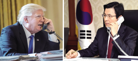 ▲ 황교안 대통령 권한대행 국무총리(오른쪽)가 30일 오전 9시(우리 시간) 정부 서울청사 집무실에서 도널드 트럼프 미국 대통령과 전화통화를 하고 한미 동맹 문제 등을 논의하고 있다. 왼쪽은 트럼프 미국 대통령이 지난 28일 푸틴 러시아 대통령과 통화하는 모습.  연합뉴스