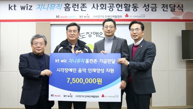 ▲ 프로야구 kt wiz가 1일 수원 경기도장애인재활협회 회의실에서 2016년 홈런존 수익금 기부 행사를 가졌다. kt wiz 제공