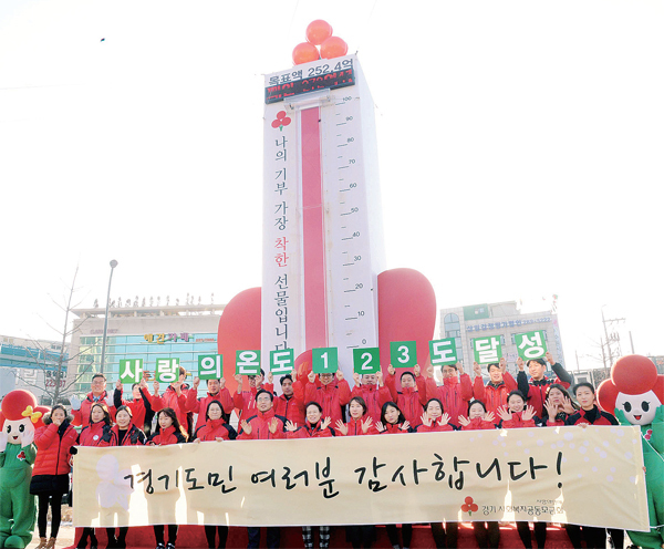 ▲ 1일 수원시 팔달구 매산로 도청오거리에서 열린 ‘사랑의 온도탑 폐막식’에서 김효진 경기사회복지공동모금회 사무처장 등 참석자들이 사랑의 온도 목표 달성 퍼포먼스를 펼치고 있다.  전형민기자