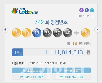 ▲ 제742회 로또복권 '8, 10, 13, 36, 37, 40' 1등 당첨.