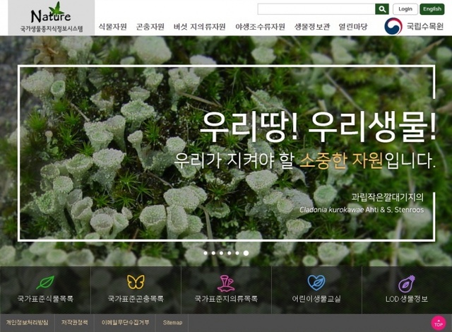 ▲ 1) 「국가생물종지식정보시스템」의 첫 화면. 다양한 산림생물 정보를 한 곳에서 얻을 수 있다