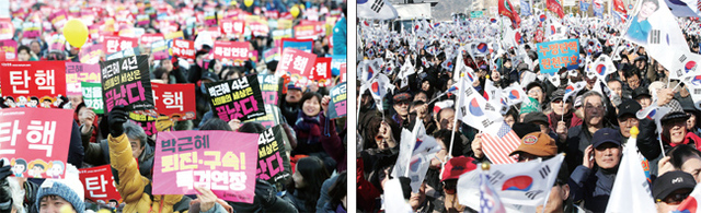 ▲ 탄핵 찬반 격돌 헌법재판소가 확정한 박근혜 대통령 탄핵 심판 최종변론기일을 앞두고 탄핵 찬반세력들이 촛불, 태극기 집회를 통해 대규모 세대결을 벌였다. 지난 25일 대통령 퇴진촉구 촛불집회가 서울 광화문 광장에서, 탄핵기각 총궐기 국민대회가 시청 앞 서울광장에서 각각 열리고 있다. 연합뉴스