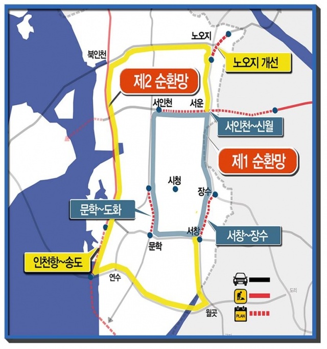 ▲ 동서간 4개, 남북관 4개씩 얀결되는 인천내부순환망
