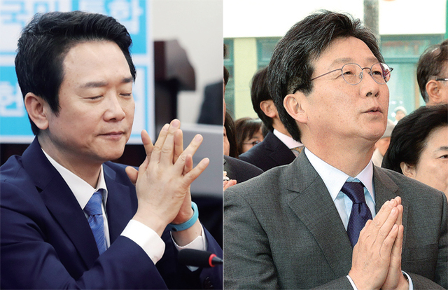 ▲ (왼쪽)27일 오전 서울 여의도 국회에서 열린 바른정당 중진의원-상임위원장 연석회의에서 남경필 경기지사가 발언을 준비하고 있다. 연합뉴스 (오른쪽)바른정당 대선주자인 유승민 의원이 27일 서울 종로구 조계사에서 열린 조계종 14대 종정 진제 스님 추대법회에서 합장하고 있다. 연합뉴스