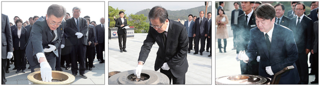 ▲ 더불어민주당 문재인 대선후보가 18일 오전 제주시 봉개동 4·3평화공원을 찾아 분향하고 있다. 연합뉴스 자유한국당 홍준표 대선후보가 18일 오후 경남 창원의 3.15 민주묘지를 찾아 참배하고 있다. 연합뉴스 국민의당 안철수 대선후보가 18일 오전 대전 유성구 국립대전현충원을 찾아 참배하고 있다. 연합뉴스