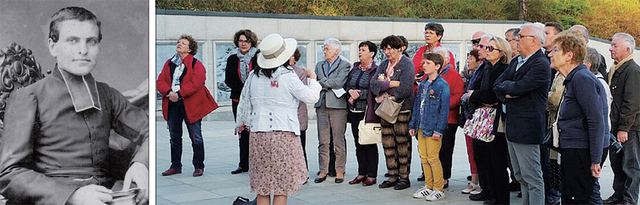 ▲ 1866년 병인박해에 충청남도 보령의 갈매못 성지에서 순교한 신부 마틴 뤽 위앵(왼쪽). 그의 후손 까트린 메나싸 씨를 포함한 합창단 ‘아미부와’가 한국의 성지와 역사적 현장을 방문하는 일정을 소화하고 있는 가운데 26일 오후 수원 프랑스군참전기념비에서 설명을 듣고 있다.  아미부와합창단 제공