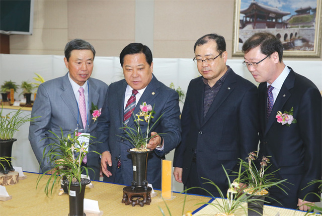김 의장이 수원시 난 연합회 전시회에서 참가자들과 출품작을 바라보고 있다.