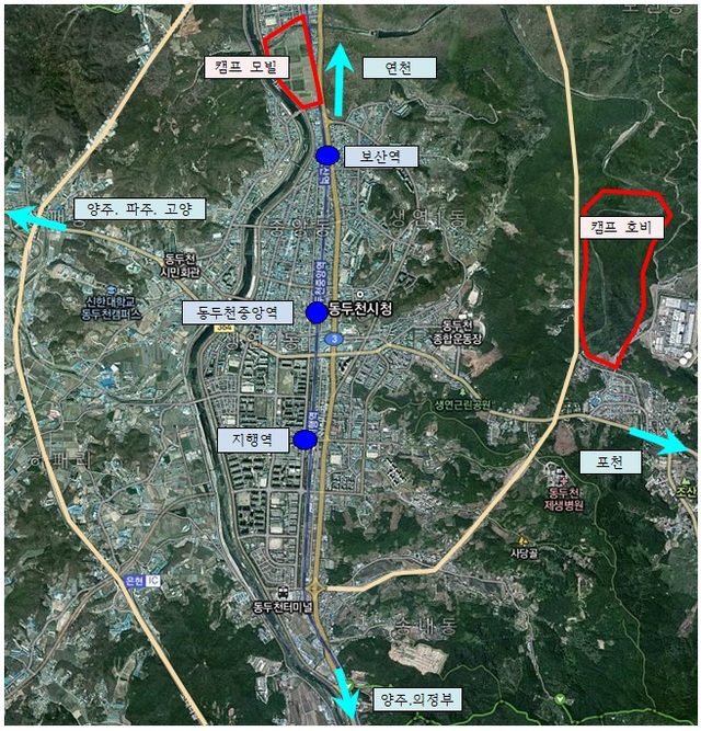 ▲ 위성사진으로 바라본 동두천시 일대. 교통과 비교했을때 법원에 이전부지로 제시한 미군부대 위치를 함께 나타낸 사진.
