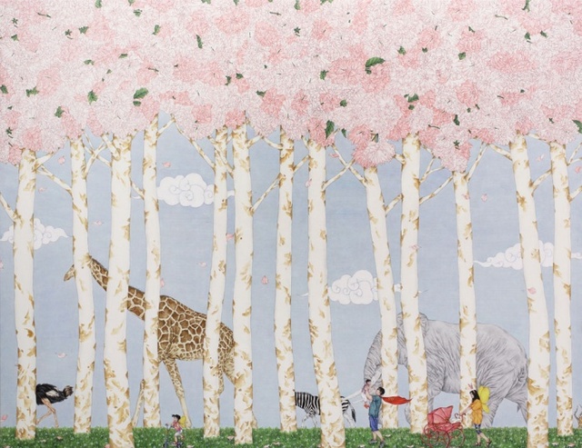 ▲ 서기환, 사람풍경-Take A Walk Around The Earth, 비단에 채색, 112.0x145.5cm, 2016