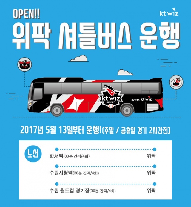 ▲ kt wiz가 수원 케이티 위즈파크를 찾는 야구 팬들의 접근 편의를 제공하고 인근 교통 혼잡과 주차 문제를 해소하고자 오는 13일부터 수원의 주요 거점과 수원 케이티 위즈파크를 왕복하는 셔틀버스를 운행한다. kt wiz 제공