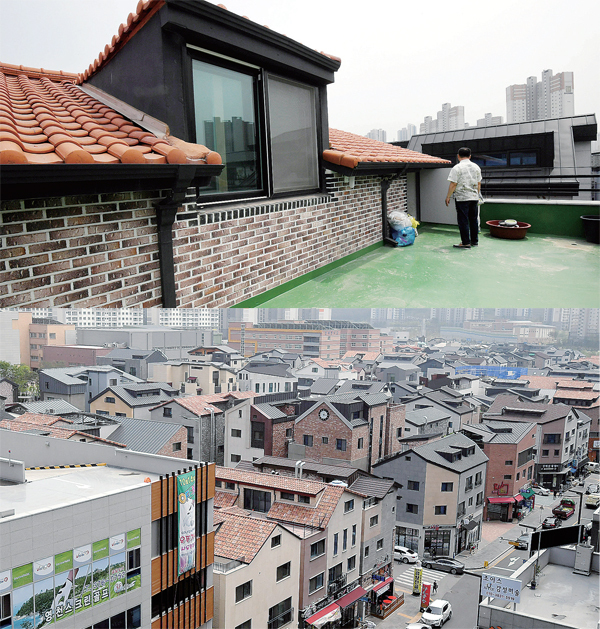 ▲ LH가 화성 동탄2지구 택지개발사업을 하면서 점포 겸용 단독주택의 지붕모양을 경사형과 다락방을 설치하도록 유도했으나 화성시와 경찰 등이 다락방에 난방과 욕실, 출입문 등을 설치한 건 무단 증축에 해당된다며 100여 명의 건축주를 적발, 해당 주민들이 행정소송에 나서는 등 반발하고 있다. 사진은 화성 동탄2지구내 다락방 설치 주택단지와 건물. 전형민기자