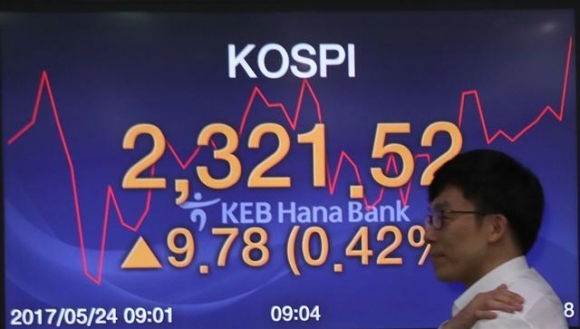 ▲ 코스피가 7.63포인트 오른 2319.37로 출발한 24일 오전 서울 중구 을지로 KEB하나은행 본점 딜링룸에서 한 딜러가 전광판 앞을 지나고 있다. 연합뉴스