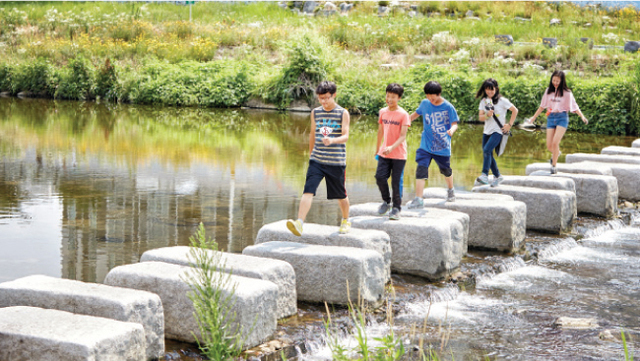 도심 한복판을 흐르는 중랑천. 징검다리가 시골 풍경을 연상시킨다.