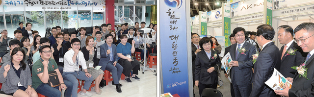 ▲ 민선 6기 수원시가 청년일자리 문제 해결에 역점을 두고 다양한 정책 마련에 나서고 있다. 사진은 청년들이 직접 청년 정책을 수원시에 제안하는 ‘수원시 청년정책네트워크’ 행사 모습(왼쪽)과 일자리 박람회를 찾은 염태영 시장.  수원시 제공