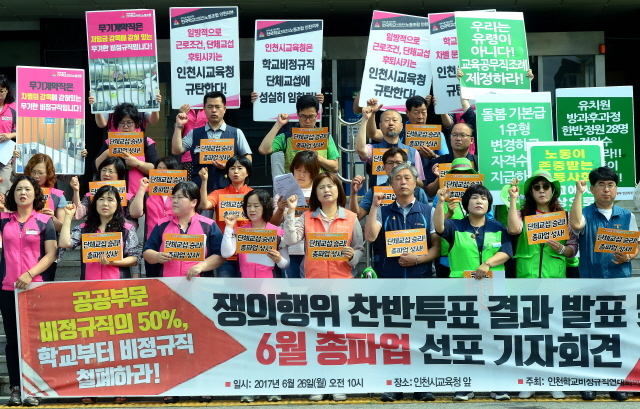 ▲ 26일 오전 인천학교비정규직연대회의 회원들이 인천시 남동구 인천시교육청 현관앞에서 학교 비정규직 철폐촉구와 함께 총파업을 선포하는 기자회견을 하고 있다. 장용준기자
