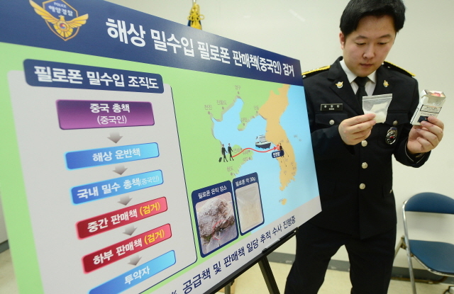 ▲ 2일 오전 인천시 연수구 중부지방해양경찰청에서 해경이 적발한 판매가 1억원 상당의 필로폰 30.4ｇ과 밀수 경로를 나타낸 사건 개요도를 공개하고 있다.장용준기자