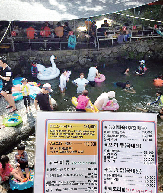 ▲ 본격적인 휴가철이 찾아온 가운데 도내 일부 피서지에서 극심한 바가지요금이 기승을 부리고 있어 모처럼 쉬러 온 휴가객들의 눈살을 찌푸리게 하고 있다. 사진은 양주시 송추계곡의 한 음식점 메뉴판. 수습 정금민기자