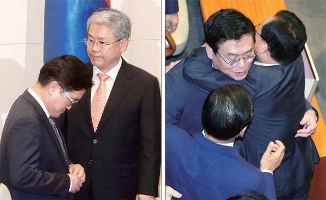 ▲ 침울한 민주… 환호하는 한국당 11일 김이수 헌법재판소장 후보자에 대한 임명동의안이 헌정사상 처음으로 국회에서 부결되자 여야가 엇갈리는 표정을 짓고 있다. 임명동의안이 부결된 국회 본회의장에서 우원식 더불어민주당 원내대표가 침통한 표정으로 생각에 잠겨있다(사진 왼쪽). 반면 자유한국당 정우택 원내대표 등 의원들은 기뻐하고 있다. 연합뉴스