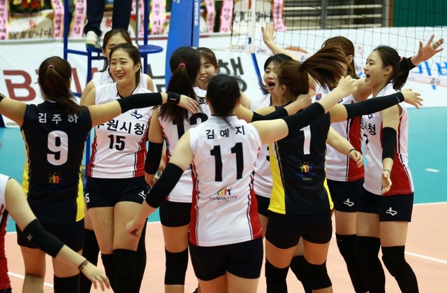 ▲ 13일 경남하동체육관에서 열린  2017 한국실업배구연맹 종합선수권대회 여자부 결승전서 대구시청을 3대1로 꺾고 첫 우승을 차지한 수원시청 선수들이 환호하고 있다.발리볼코리아닷컴 제공