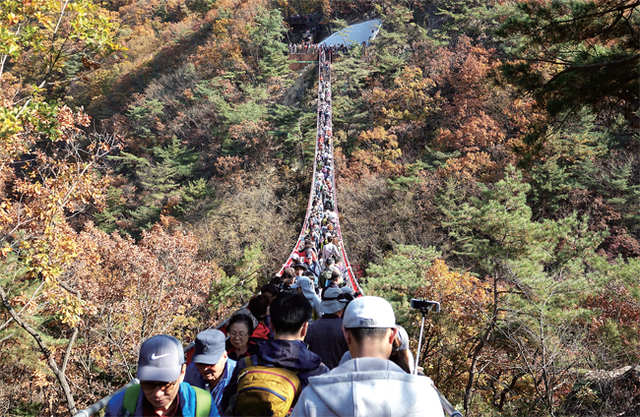 ▲ 감악산 출렁다리 인산인해 단풍이 절정으로 물든 28일 오후 파주시 적성면 감악산에서 전국 각지에서 온 많은 관광객이 감악산 출렁다리를 건너고 있다. 지금 파주 감악산 단풍맞이 축제가 열리고 있어 관광버스를 이용한 관광객들도 많이 찾고 있다. 연합뉴스
