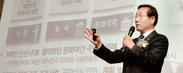 ▲ 31일 오후‘문화성시 인천 1주년 문화예술 한마당’행사가 열린 인천시 중구 하버파크호텔에서 유정복 인천시장이 6번째 시민이 행복한 애인정책인 '문화주권 2차년도 사업'을 발표하고 있다.장용준기자